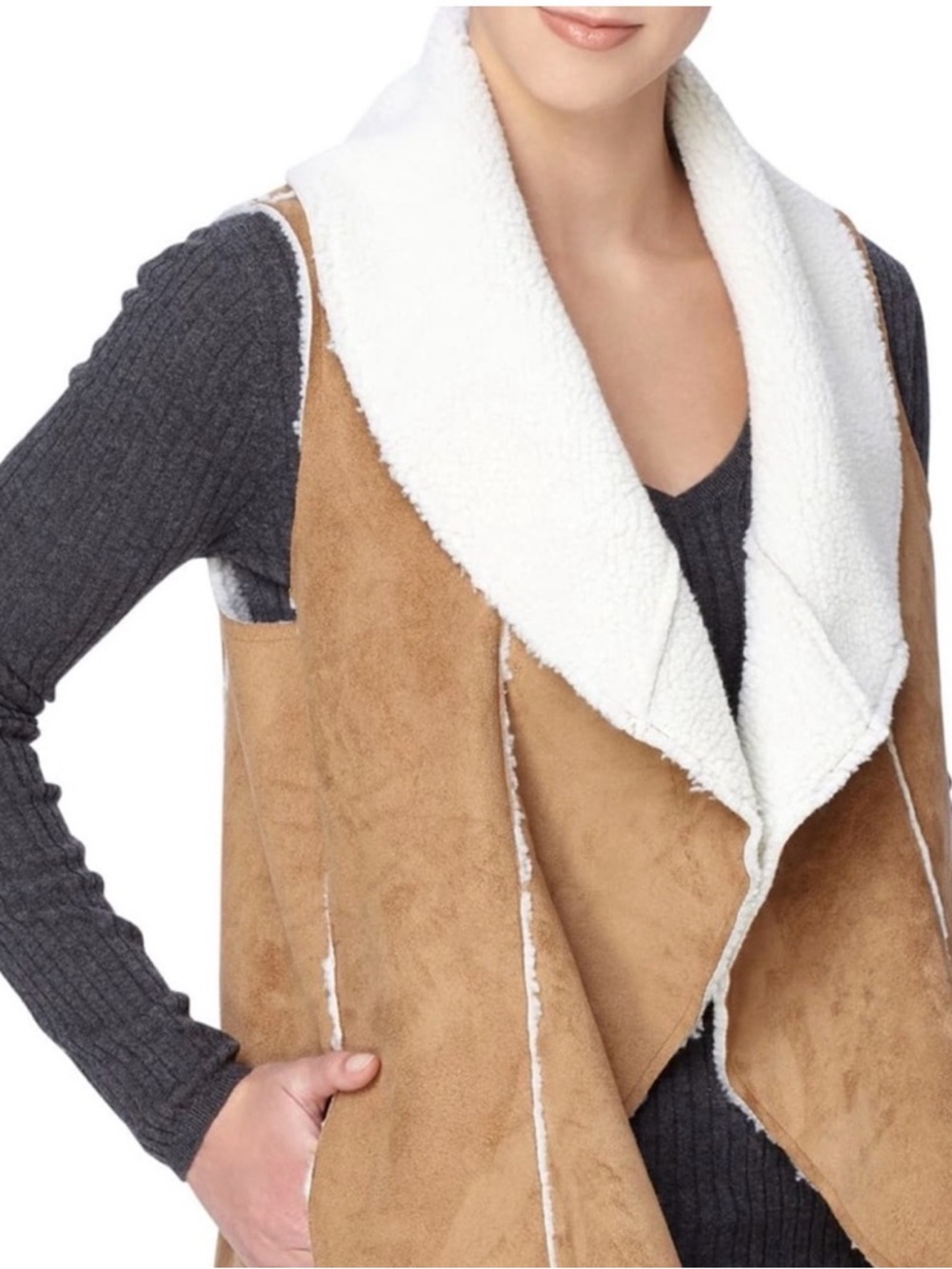 Catherine Malandrino Tan Suede Vest with White Sherpa Lining